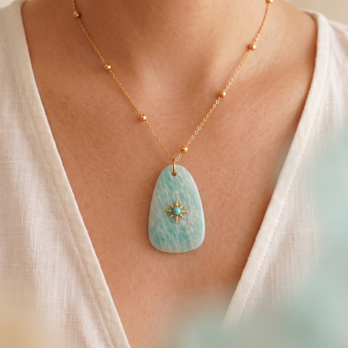 At Your Own Pace Amazonite Sun Necklace worn with ivory shirt