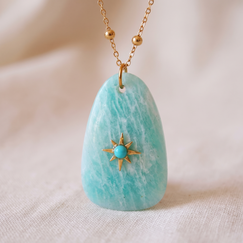 Close-up detail of Amazonite pendant and 18K gold plated stainless steel chain