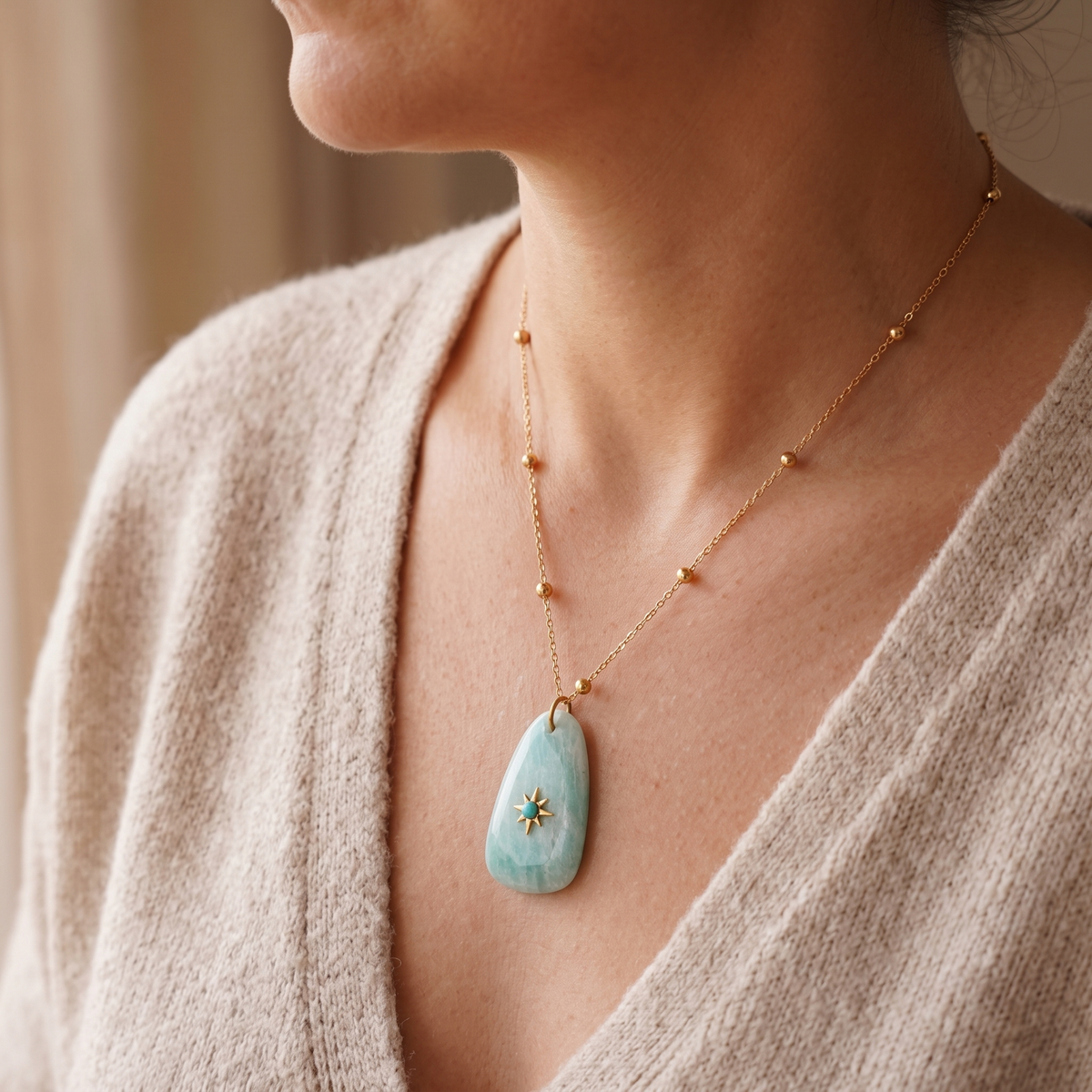 Second wearing angle of At Your Own Pace Amazonite Sun Necklace