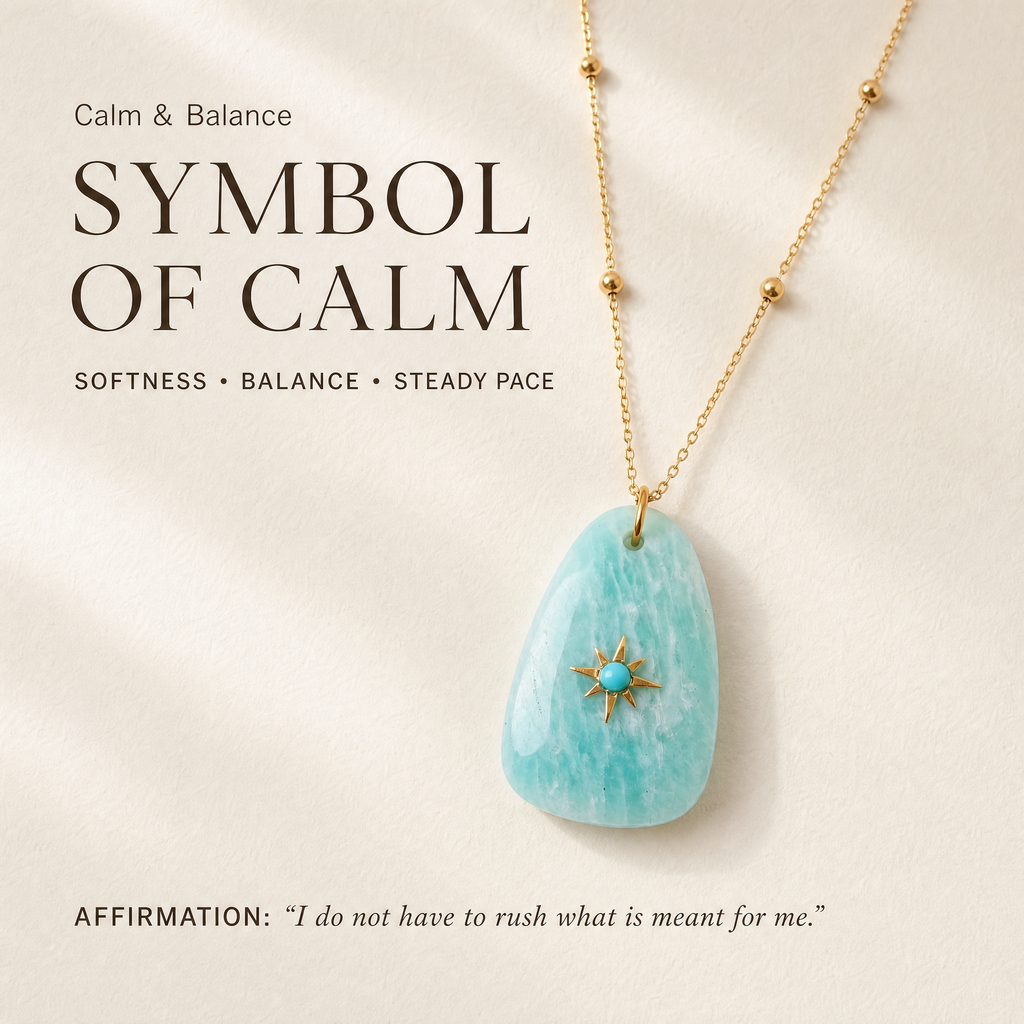 Calm and Balance meaning card for At Your Own Pace Amazonite Sun Necklace