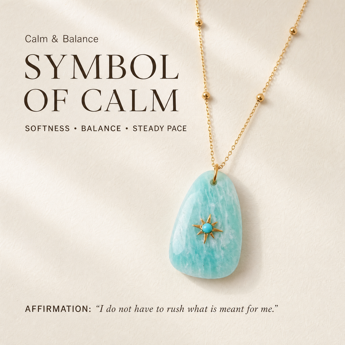 Calm and Balance meaning card for At Your Own Pace Amazonite Sun Necklace